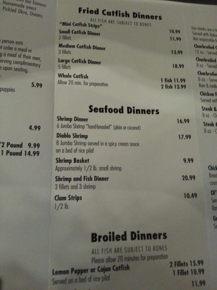 Menu at Catfish Sam's restaurant, Arlington