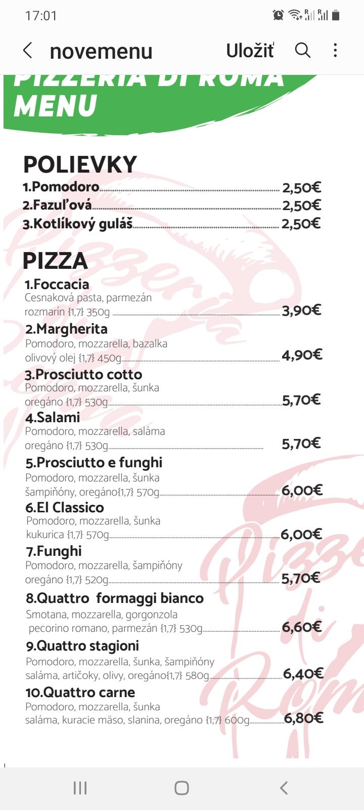 Menu at Pizzeria di Roma, Bardejov