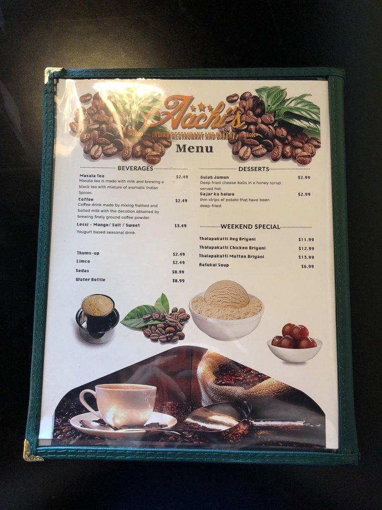 Menu at Aachi's Indian Restaurant and Bakery, Johns Creek