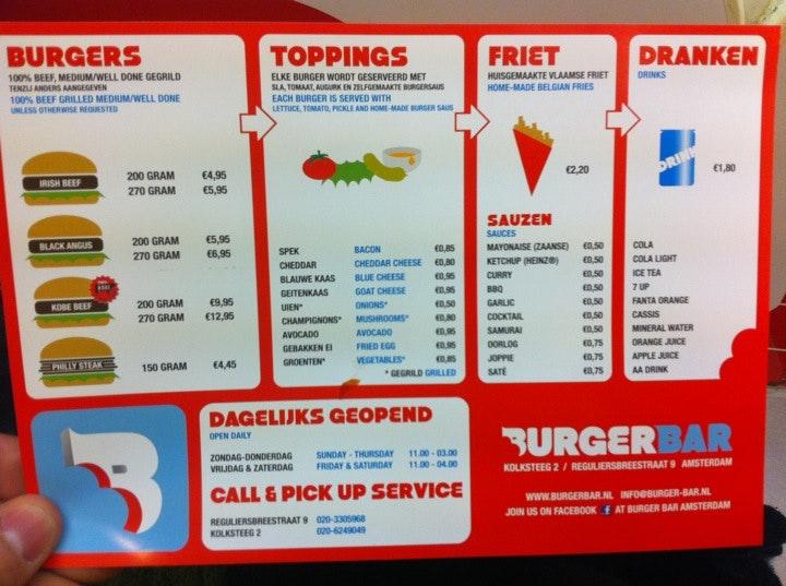 Menu At Burger Bar, Amsterdam, Kolksteeg 2