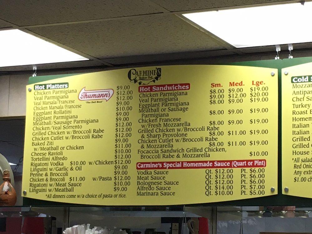 Menu at Carmine's Italian Deli restaurant, Jersey City