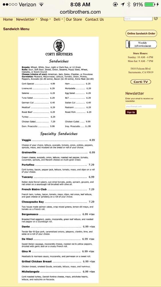 Menu at Corti Brothers restaurant, Sacramento