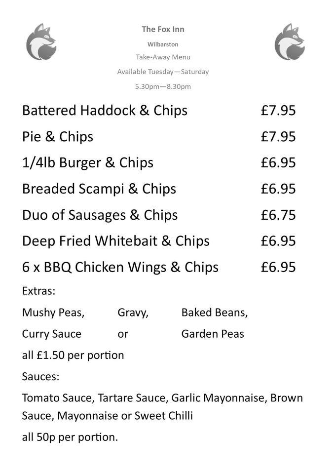 Menu at The Fox Inn Wilbarston, Wilbarston