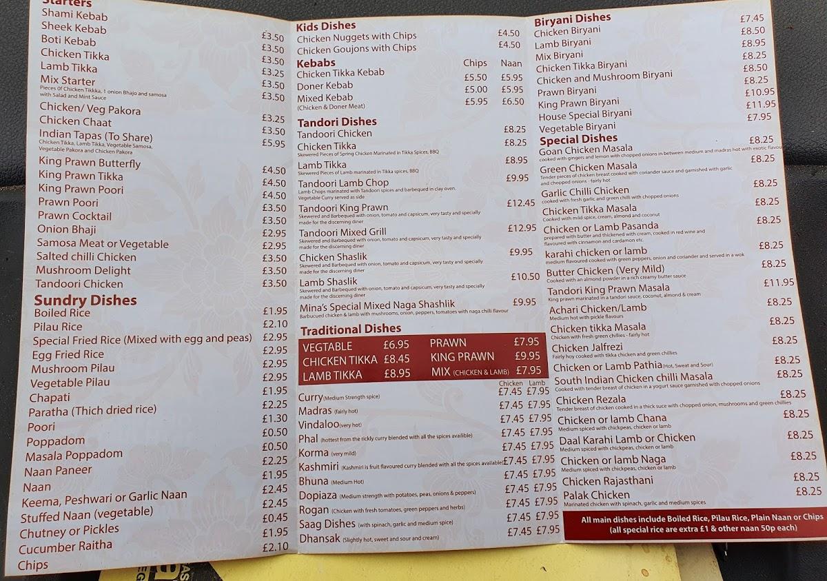Menu at Mina's Indian Spice restaurant, Lurgan