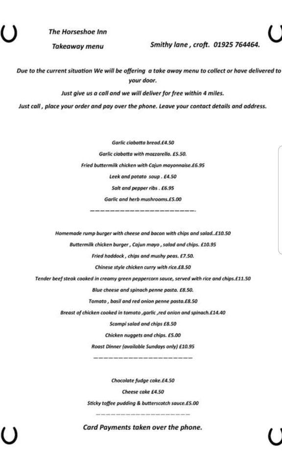 Menu at The Horseshoe Inn pub &amp; bar, Warrington, 3 Smithy Ln
