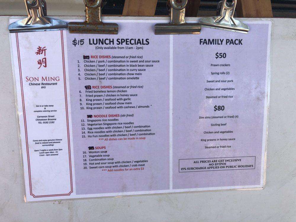 Menu at Son Ming Chinese Restaurant, Broome