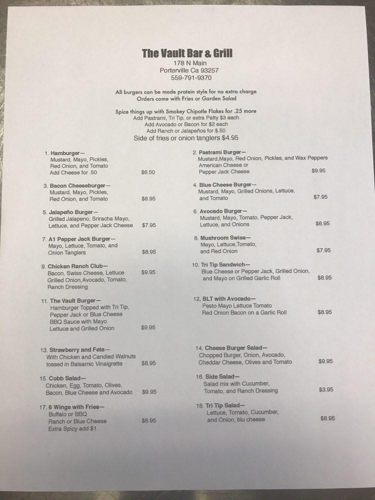 Menu at The Vault Bar & Grill, Porterville, 73 N Main St