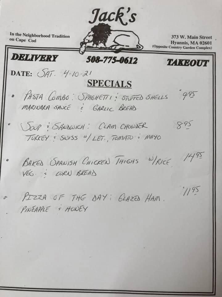 Menu at Jack's Lounge pizzeria, Yarmouth