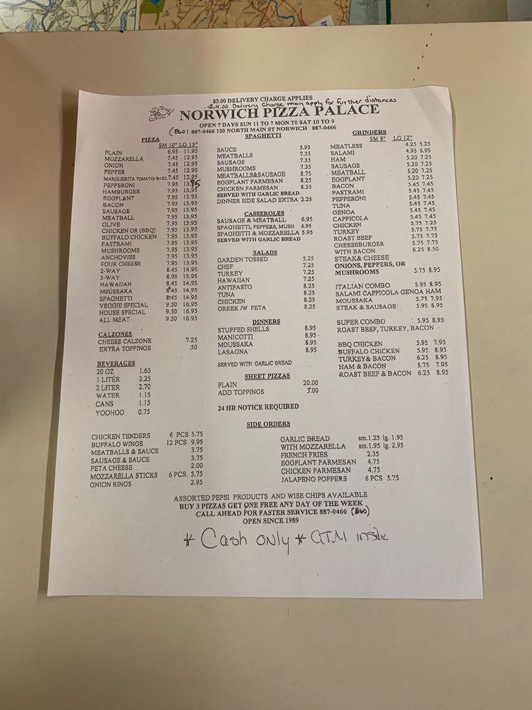 Menu at Norwich Pizza Palace pizzeria, Norwich