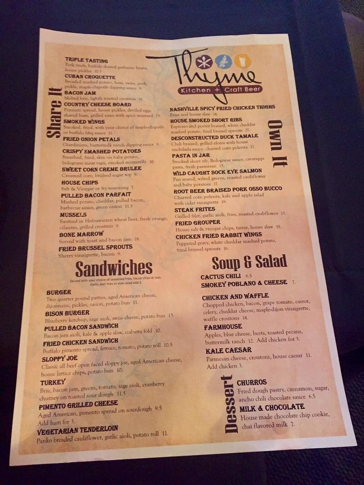 Menu at Thyme Kitchen and Craft Beer pub & bar, Peoria