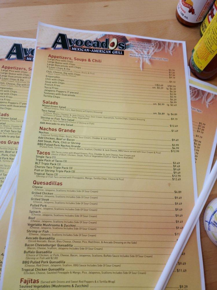 Menu at Avocados MexicanAmerican Grill (Bohemia NY) restaurant, Bohemia