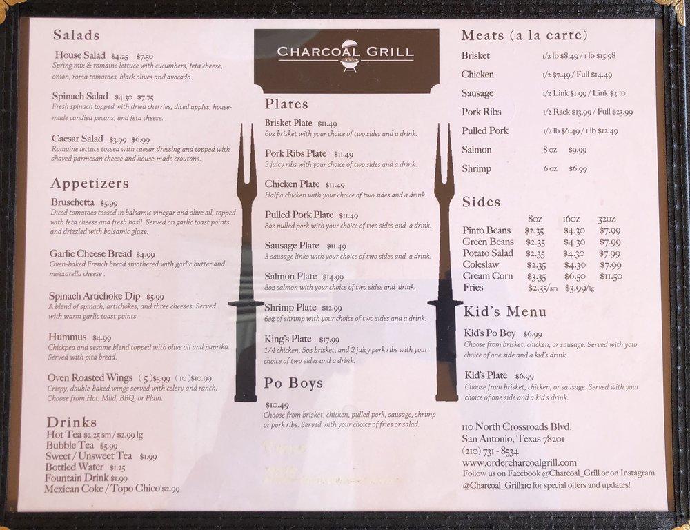 Menu at Charcoal Grill BBQ, Balcones Heights