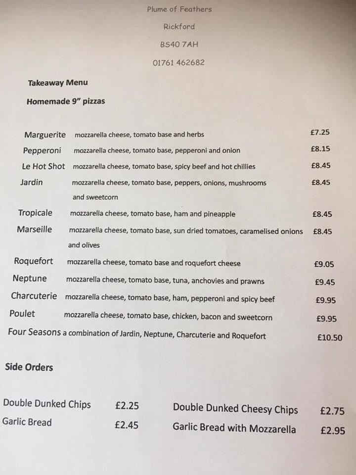 Menu at Plume of Feathers pub & bar, Blagdon, Leg Ln