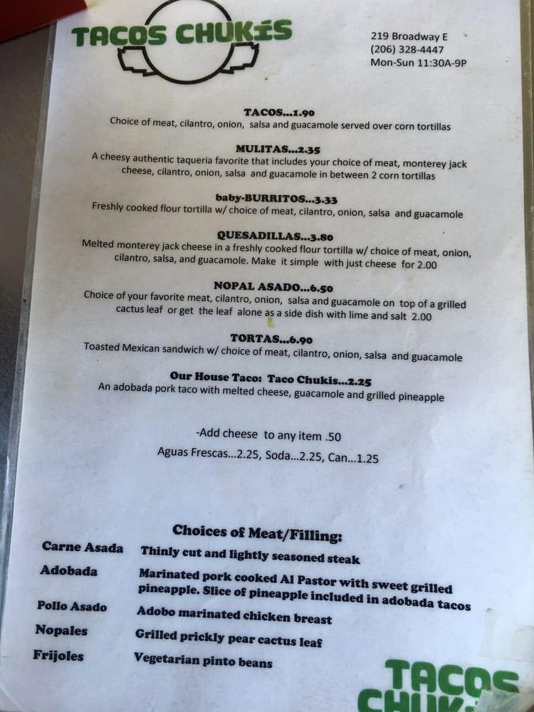 Menu at Tacos Chukis restaurant, Seattle, 219 Broadway E