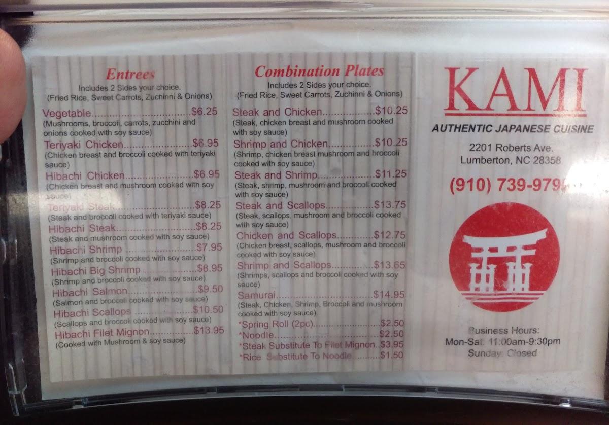 Menu at Kami Authentic Japanese Cuisine restaurant, Lumberton