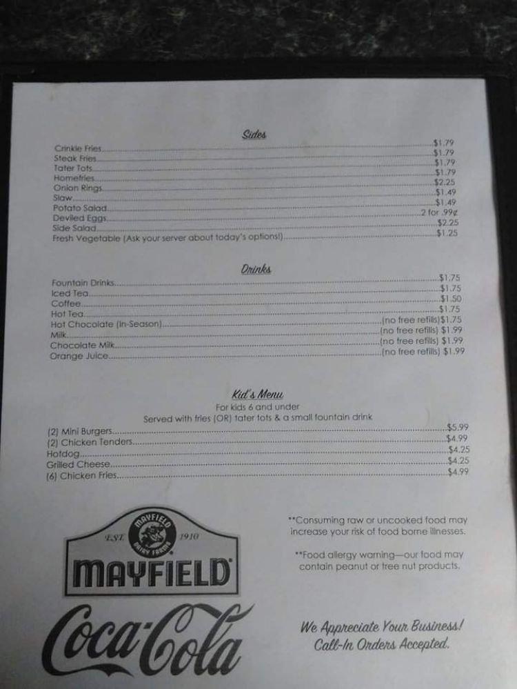 Menu at Sugar Shack restaurant, Niota