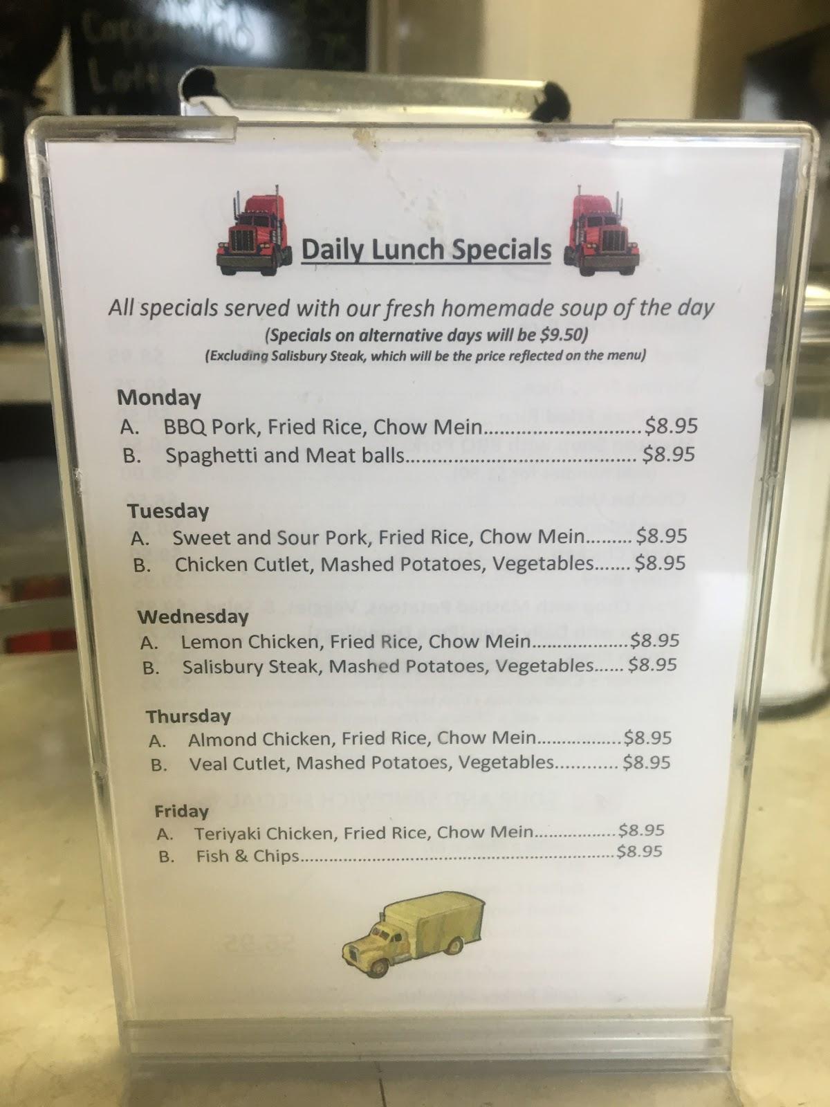 Menu at Truck Stop Cafe, Vancouver