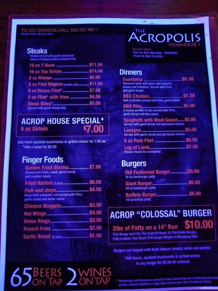 Menu at Acropolis Steakhouse, Portland
