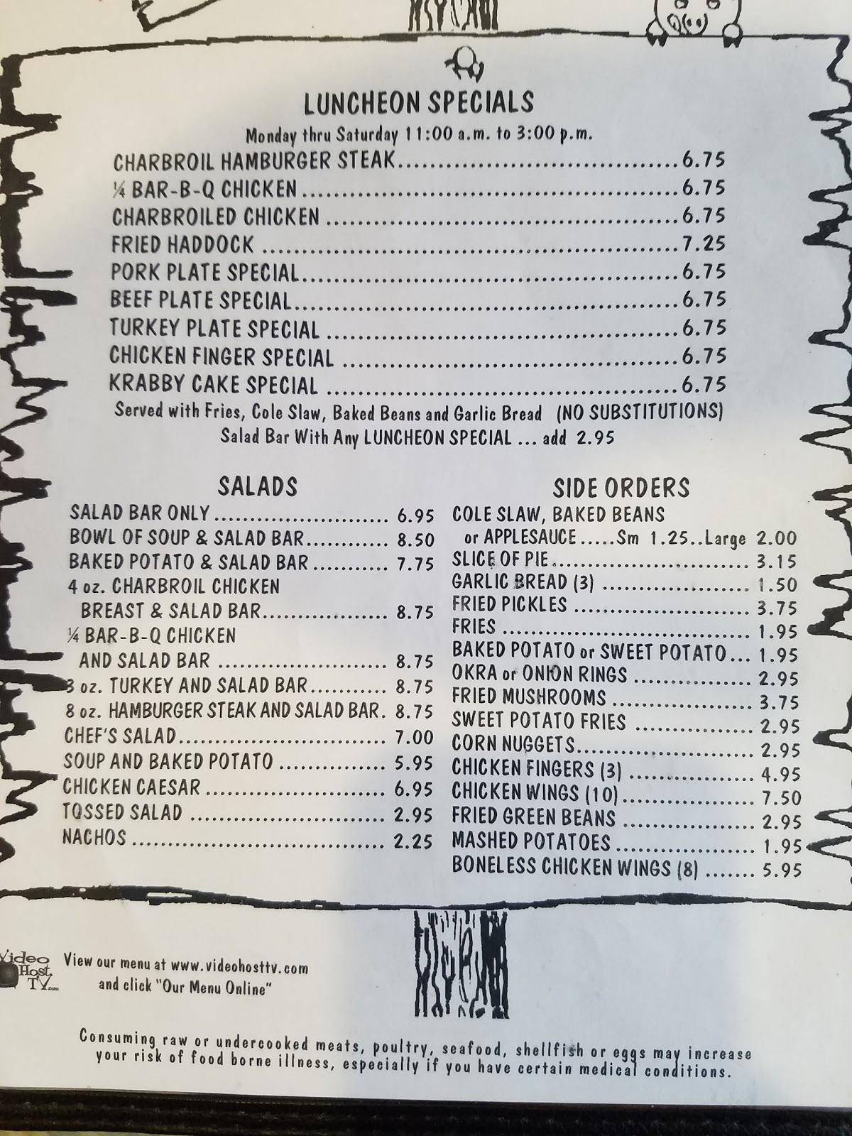 Menu at BarBQ Bill's, Chiefland