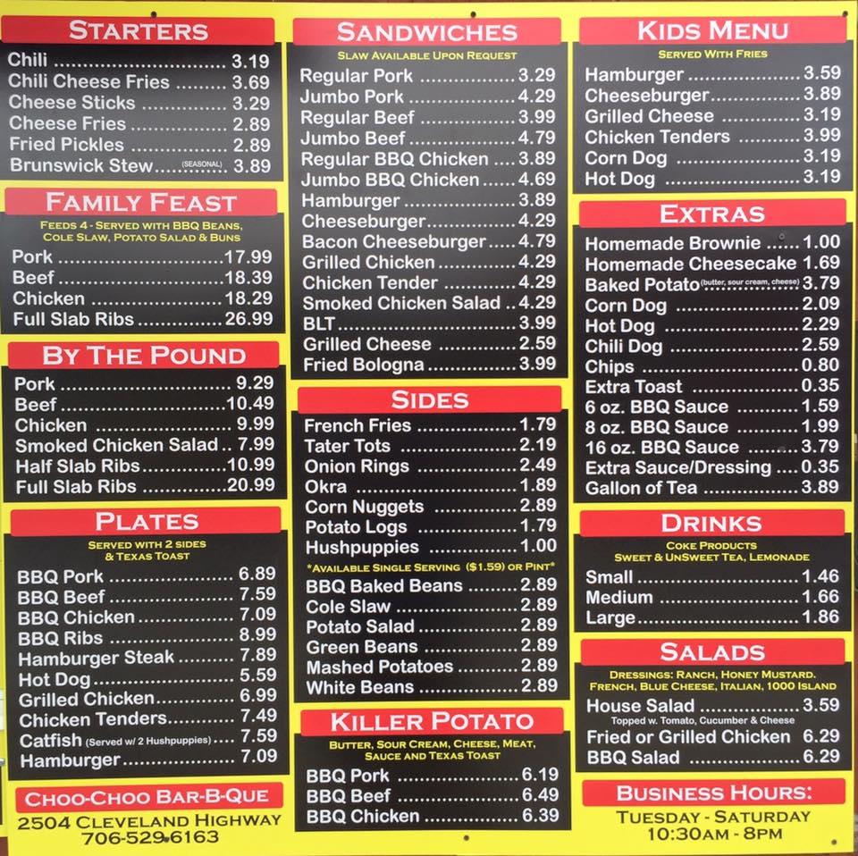 Carta de ChooChoo Bar BQue, Dalton, Cleveland Hwy