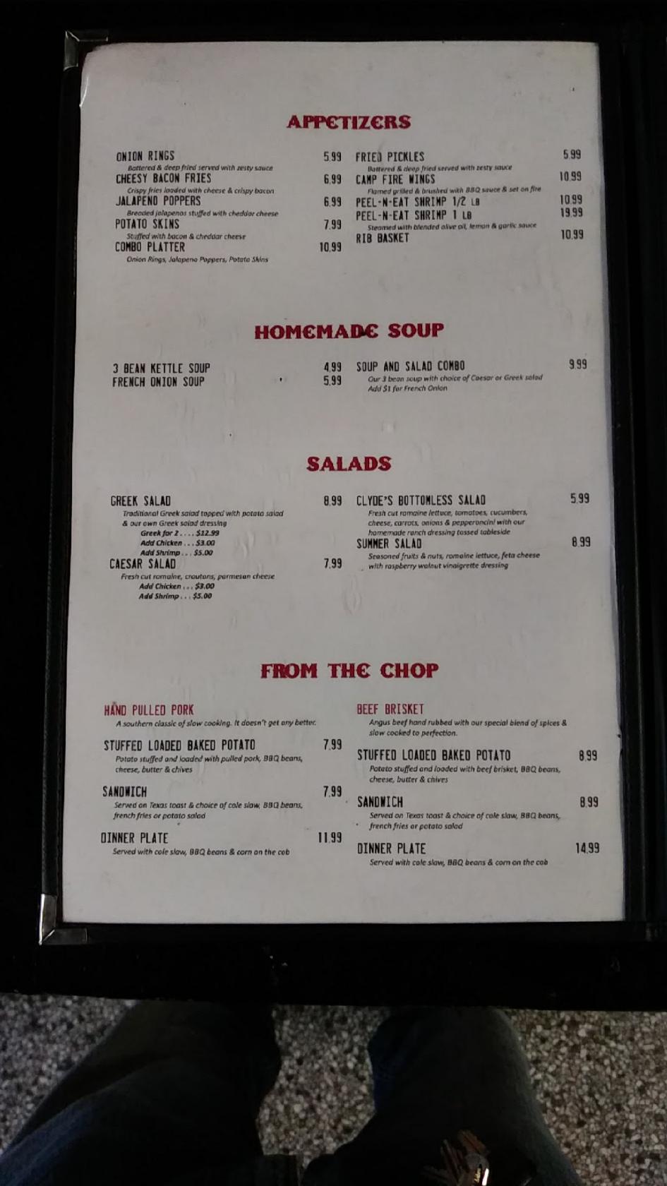 Menu at Clyde’s Original Chop House BBQ, Tarpon Springs