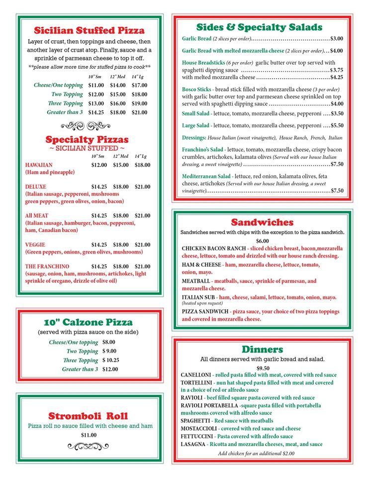 Menu at Franchino’s restaurant, Auburn