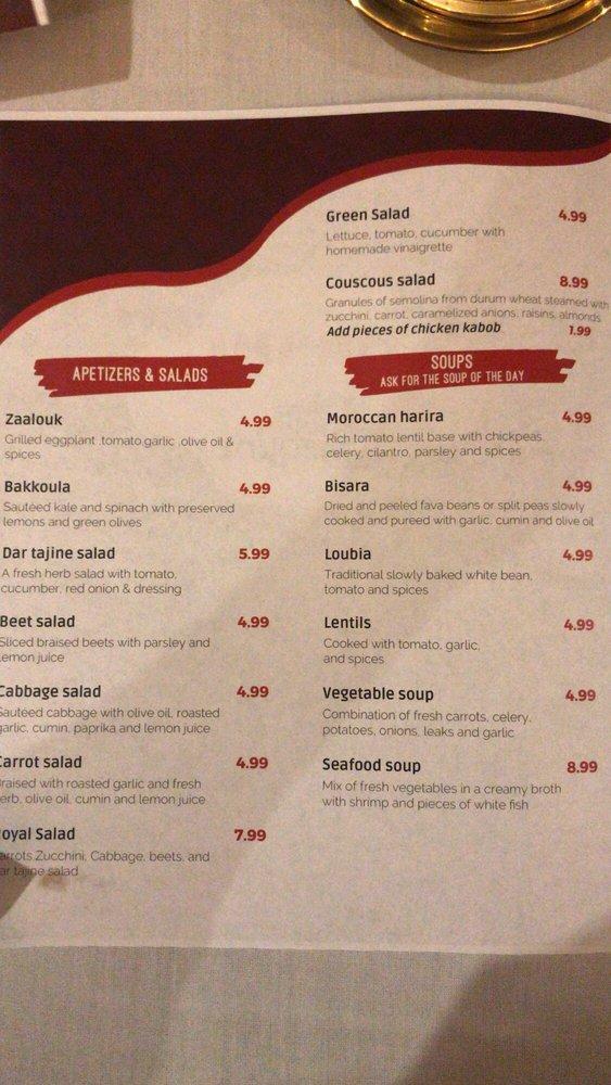 Menu at Dar Tajine Moroccan Restaurant, Plantation