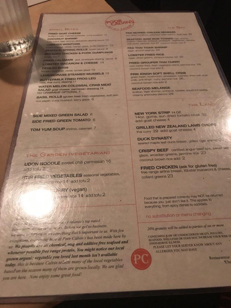 Menu at Poor Calvin's restaurant, Atlanta
