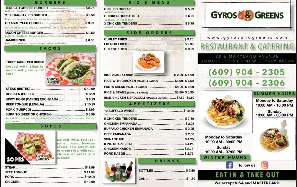Menu at Gyros And Greens restaurant, Somers Point