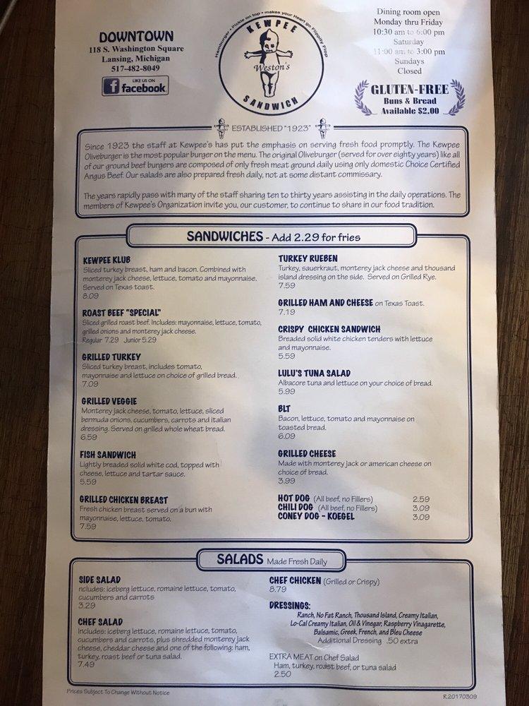 Menu at Kewpee Sandwich Shoppe restaurant, Lansing, 118 S Washington Square