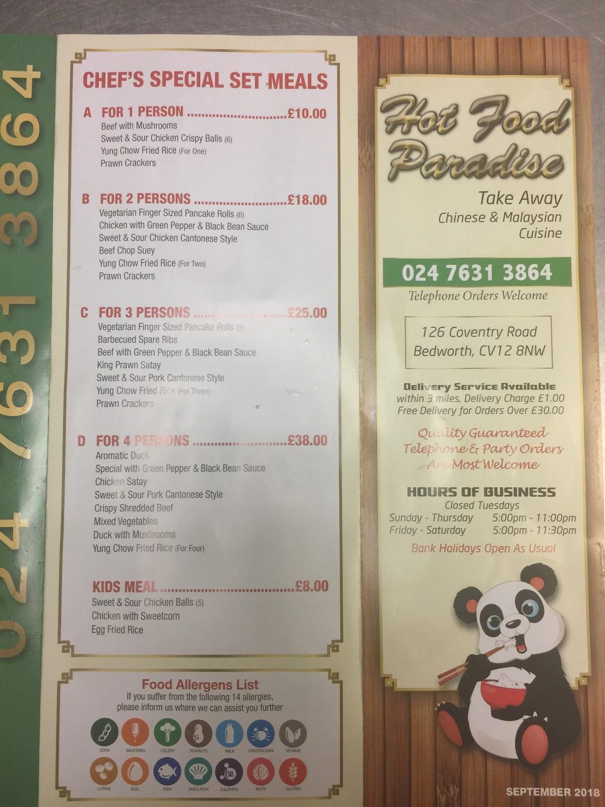 Menu at Hot Food Paradise fast food, Bedworth