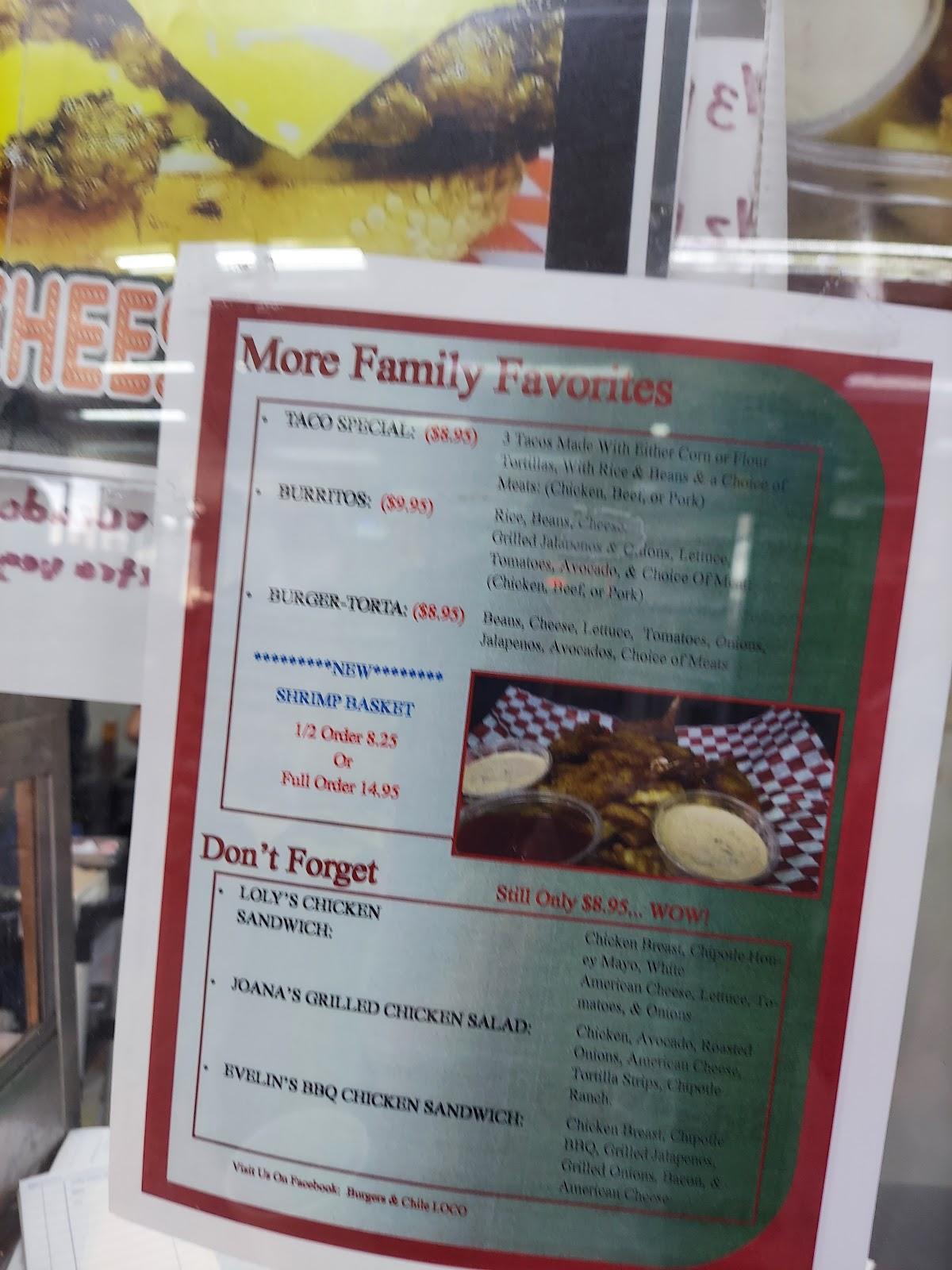 Menu at Burgers and Chile Loco restaurant, Lavon