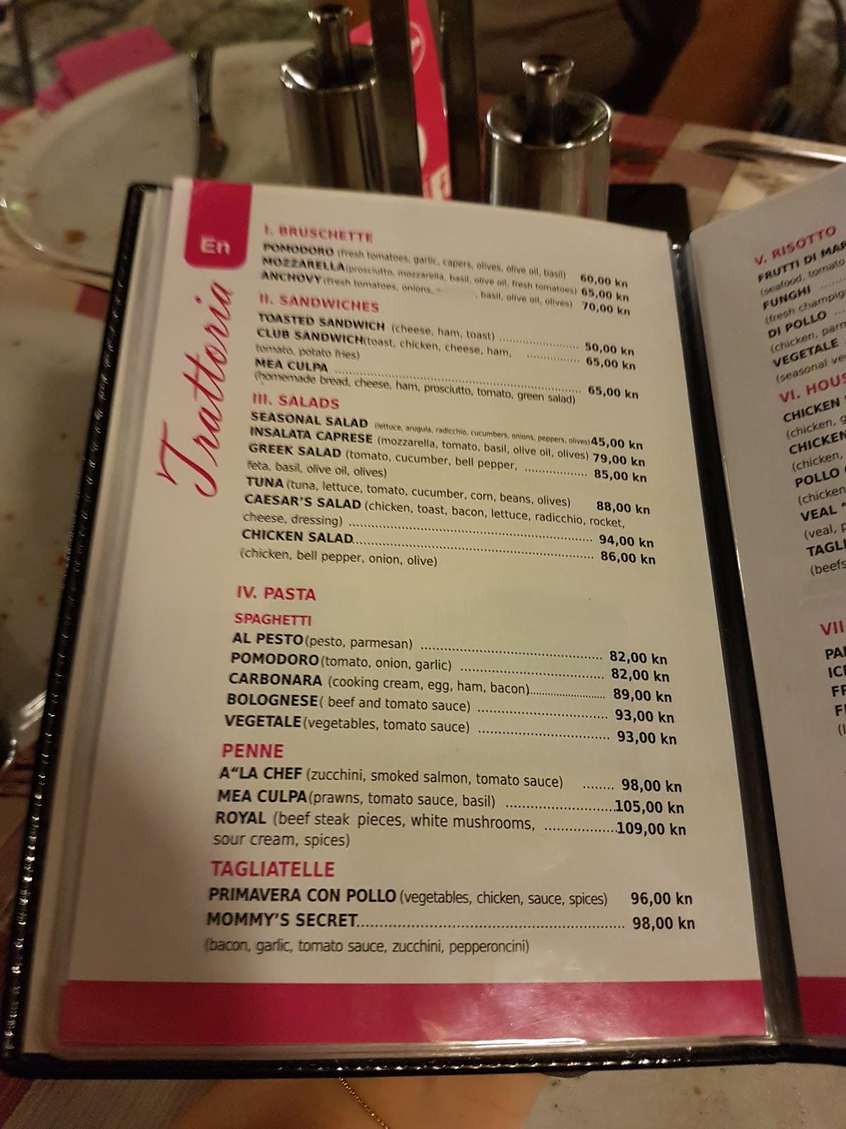 Menu at Mea Culpa Pizzeria & Trattoria Dubrovnik, Dubrovnik