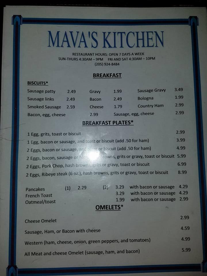 Menu at Mava's Kitchen restaurant, Carbon Hill
