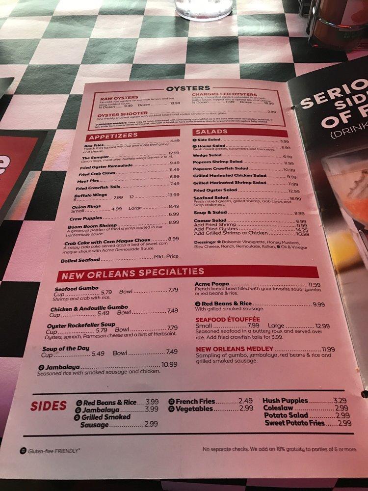 Menu at Acme Oyster House restaurant, Metairie, Veterans Blvd