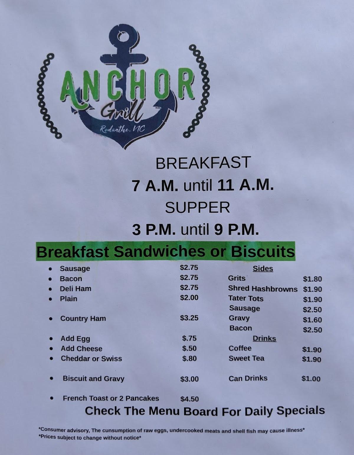 Menu at Anchor Grill OBX restaurant, Kitty Hawk