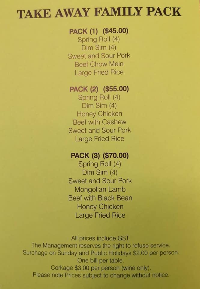 Menu at Chow King restaurant, Young