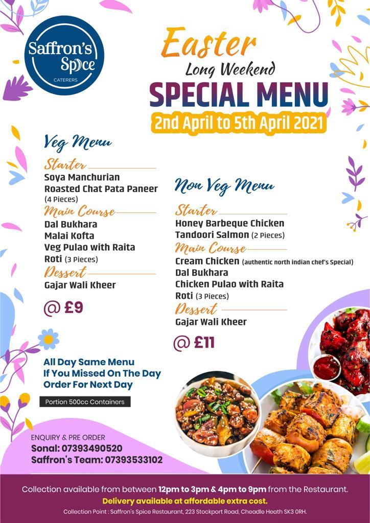 Menu at Saffron's Spice restaurant, Cheadle
