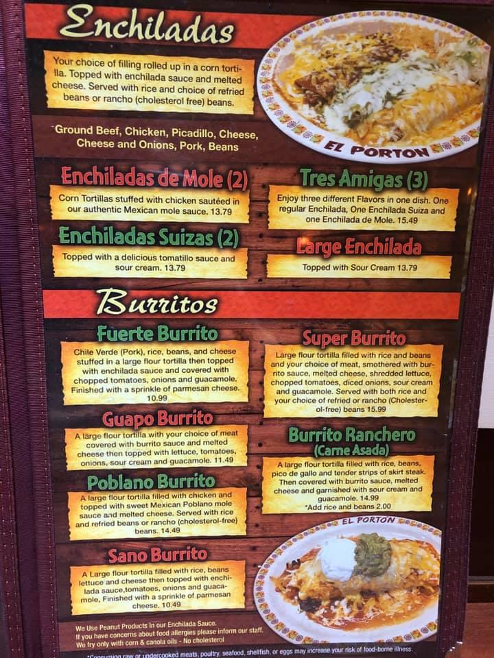 Menu at El Porton restaurant, Yakima, Tieton Dr