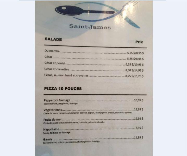 Menu au Restaurant Saint James au bar de l'eau,