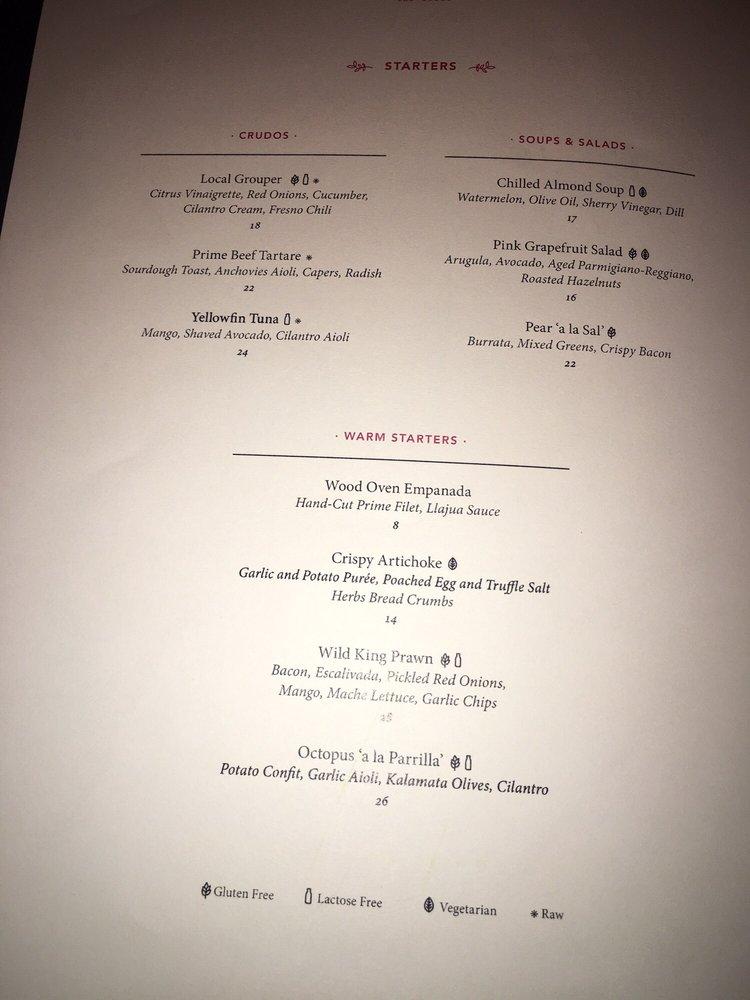 Menu at Los Fuegos by Francis Mallmann restaurant, Miami Beach