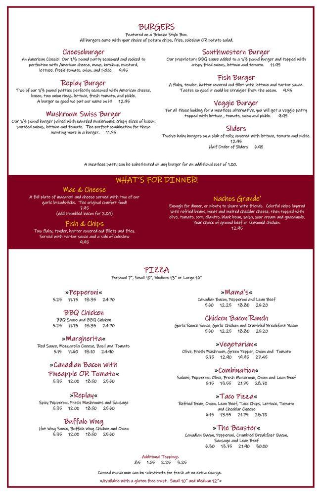 Menu at Replay Sports Pub and Arcade, Beaverton