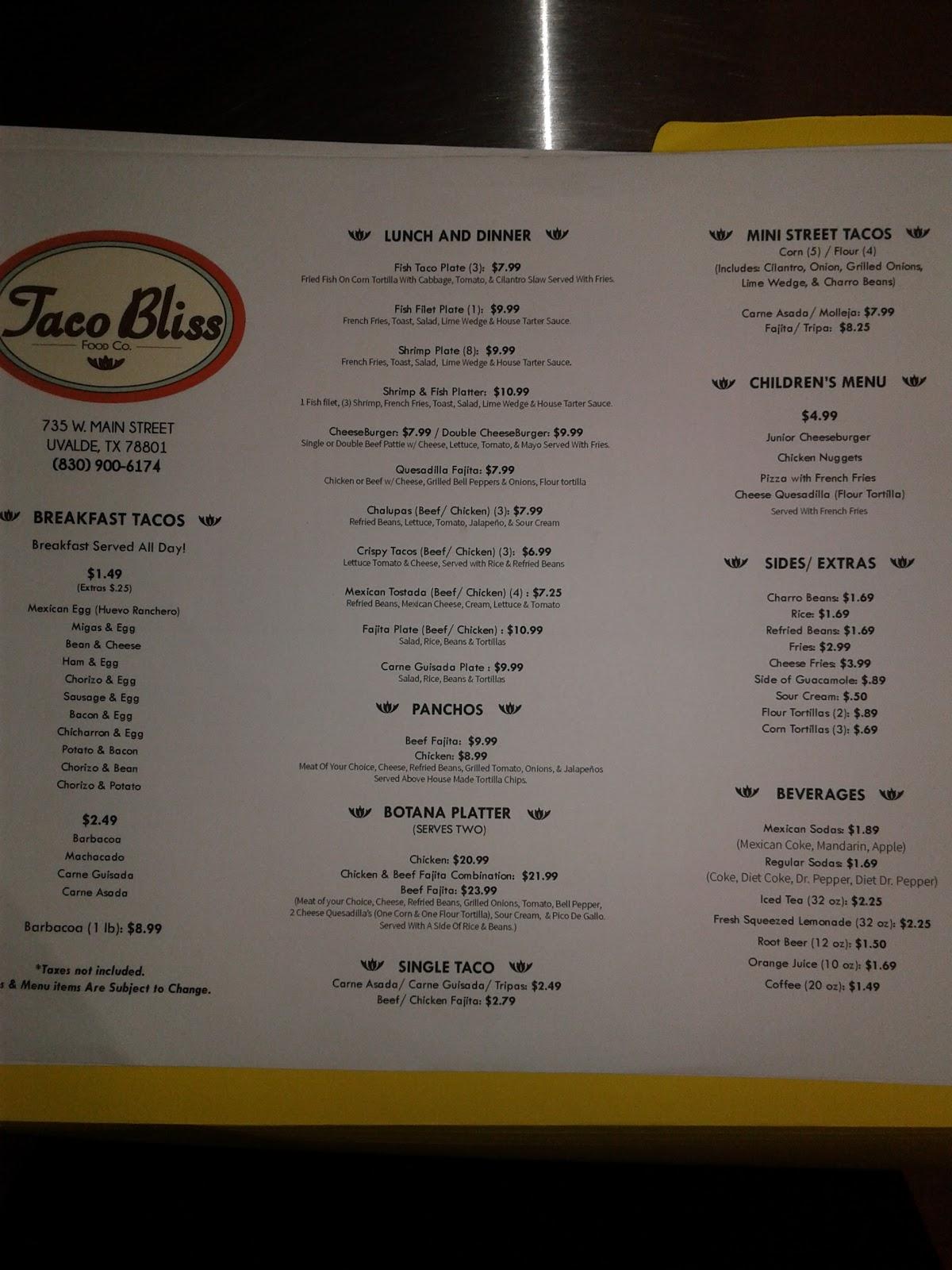 Menu at Taco Bliss Express restaurant, Uvalde