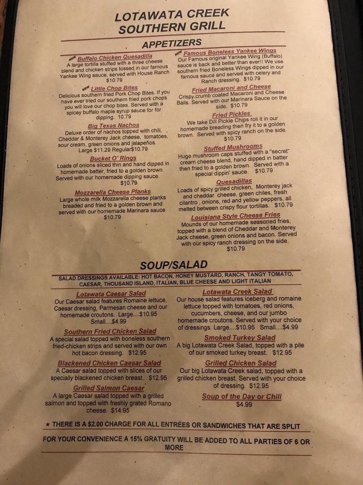 Menu at Lotawata Creek restaurant, Fairview Heights