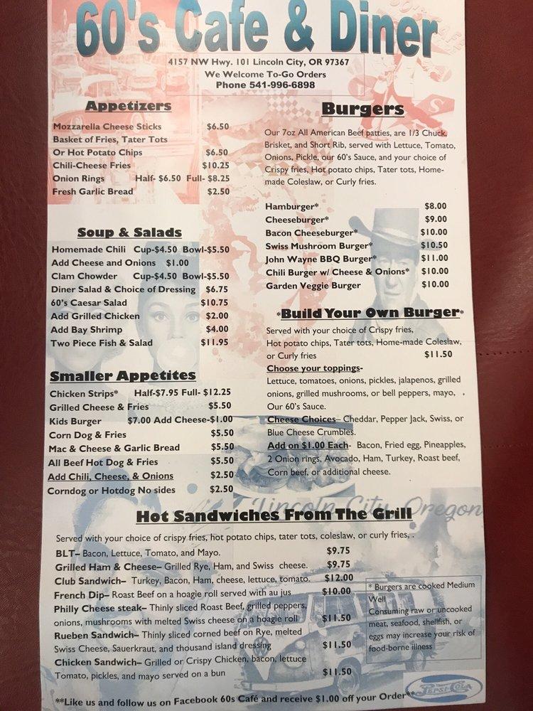 Menu at 60's Cafe & Diner, Lincoln City