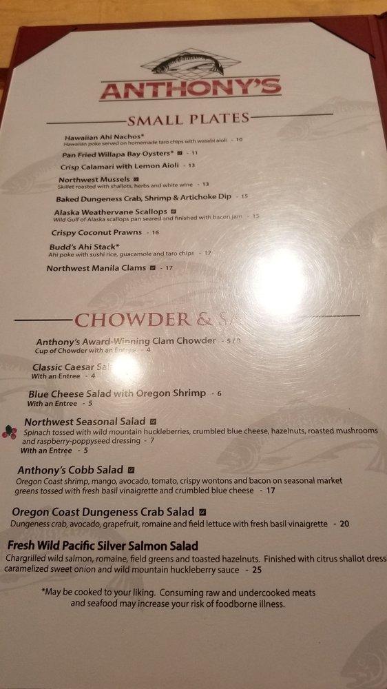 Menu at Anthony's at Coeur d'Alene restaurant, Coeur d'Alene