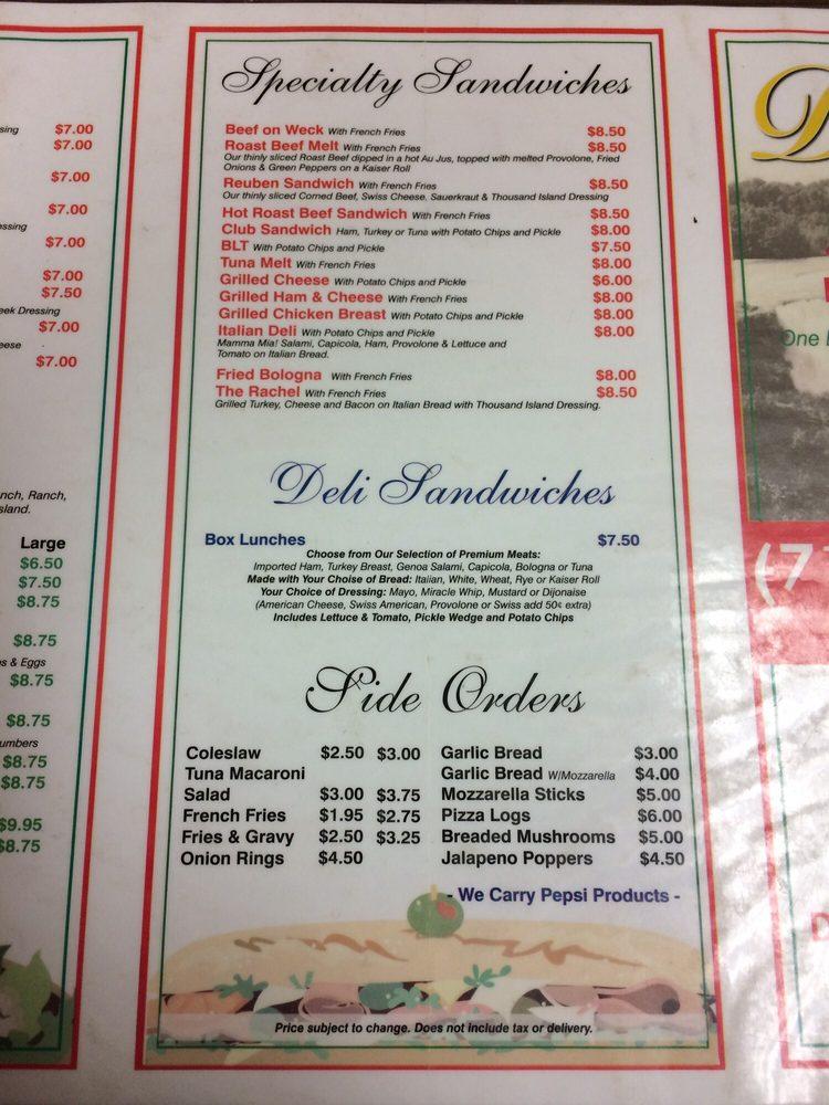 Menu at Donatello's pizzeria, Niagara Falls