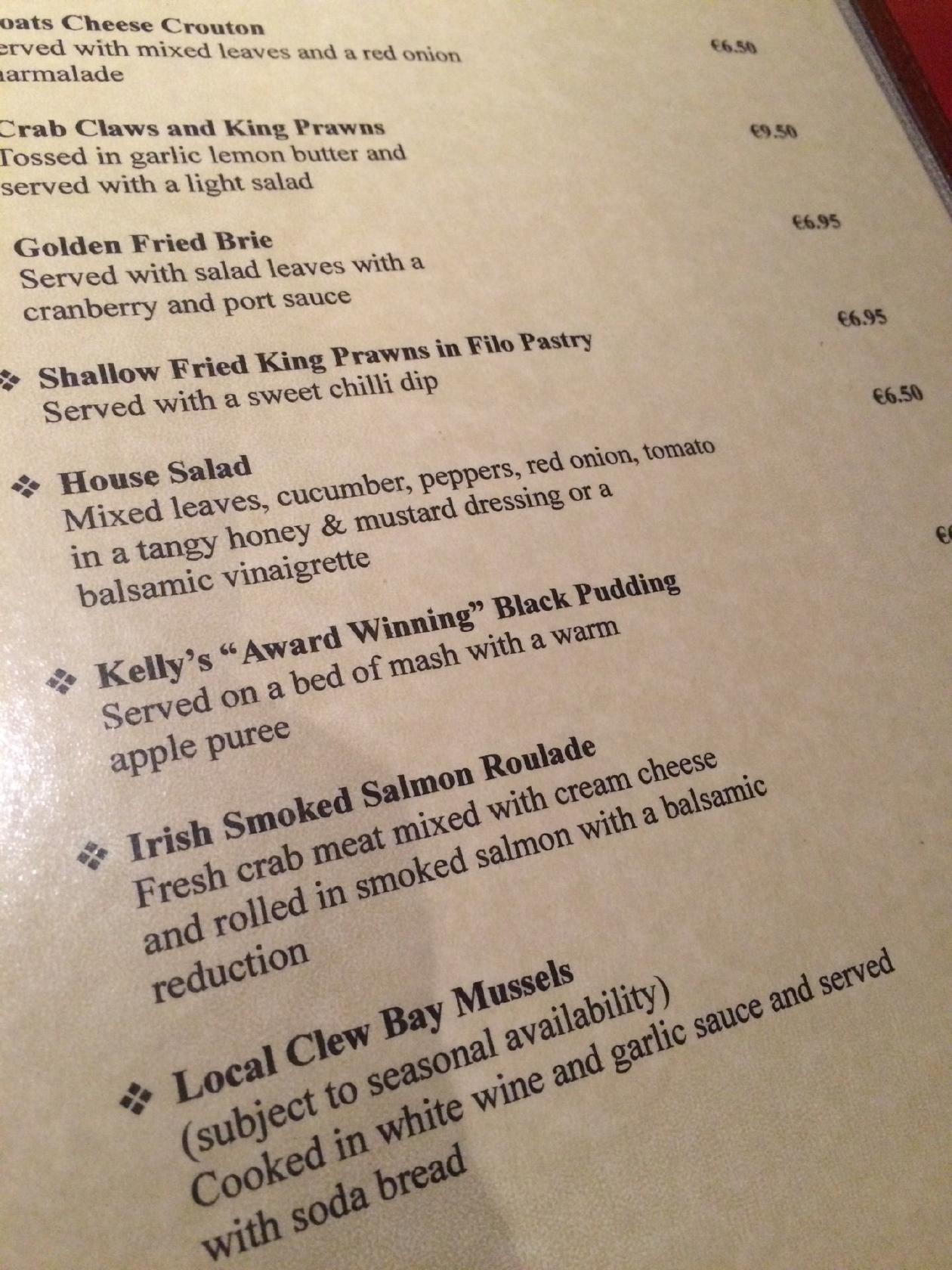 Menu at JJ O'Malleys pub & bar, Westport