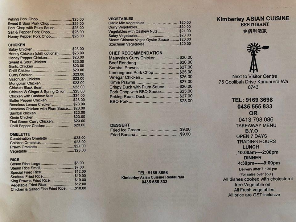 Menu at Kimberley restaurant, Kununurra