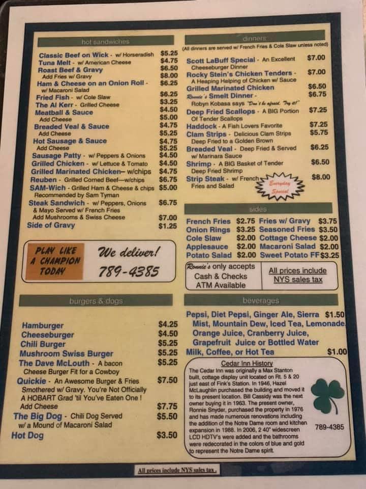 Menu at Ronnie's Cedar Inn restaurant, Geneva